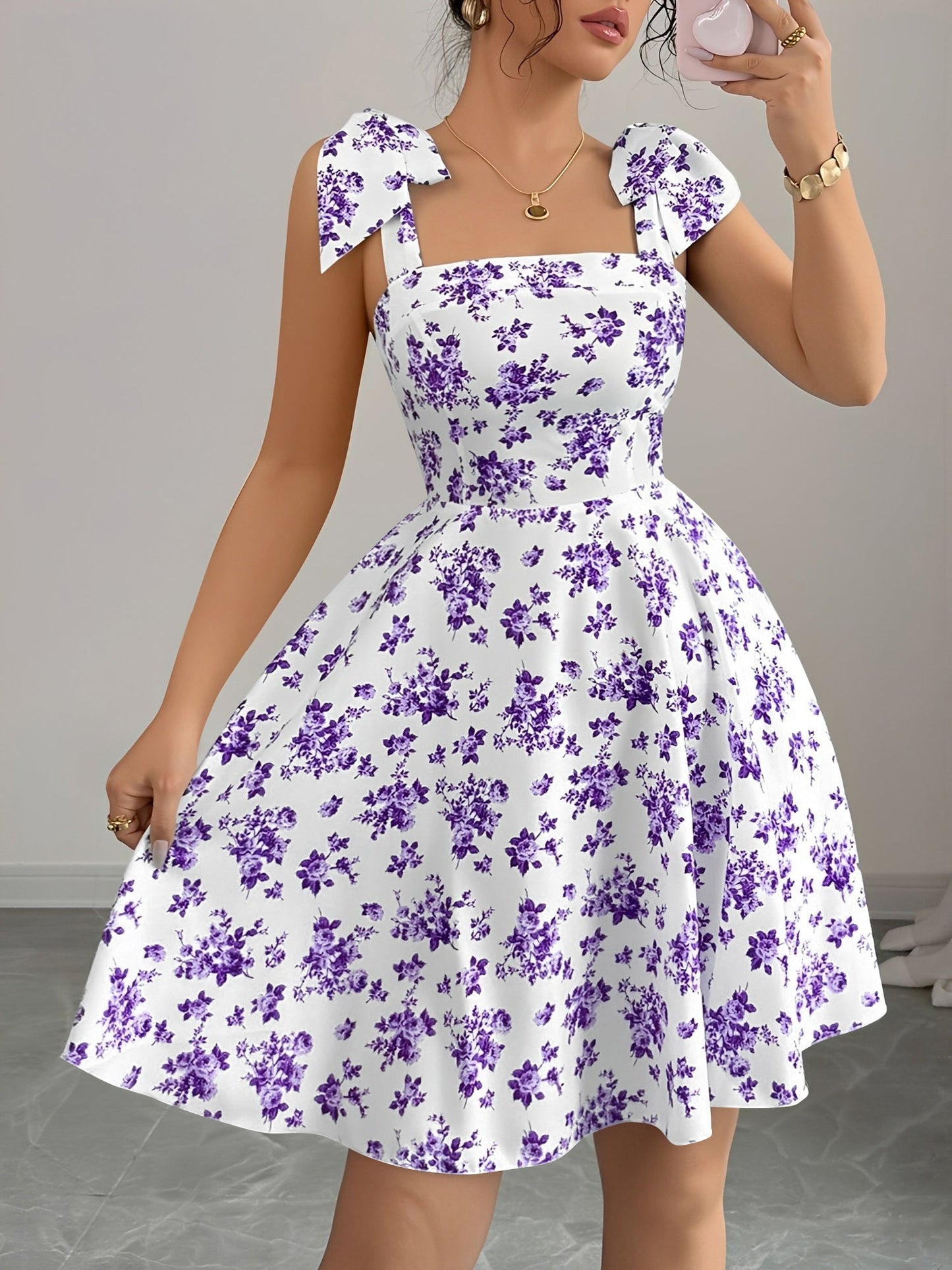 Floral Lace-Up Straps Backless Smocked A-Line Dress