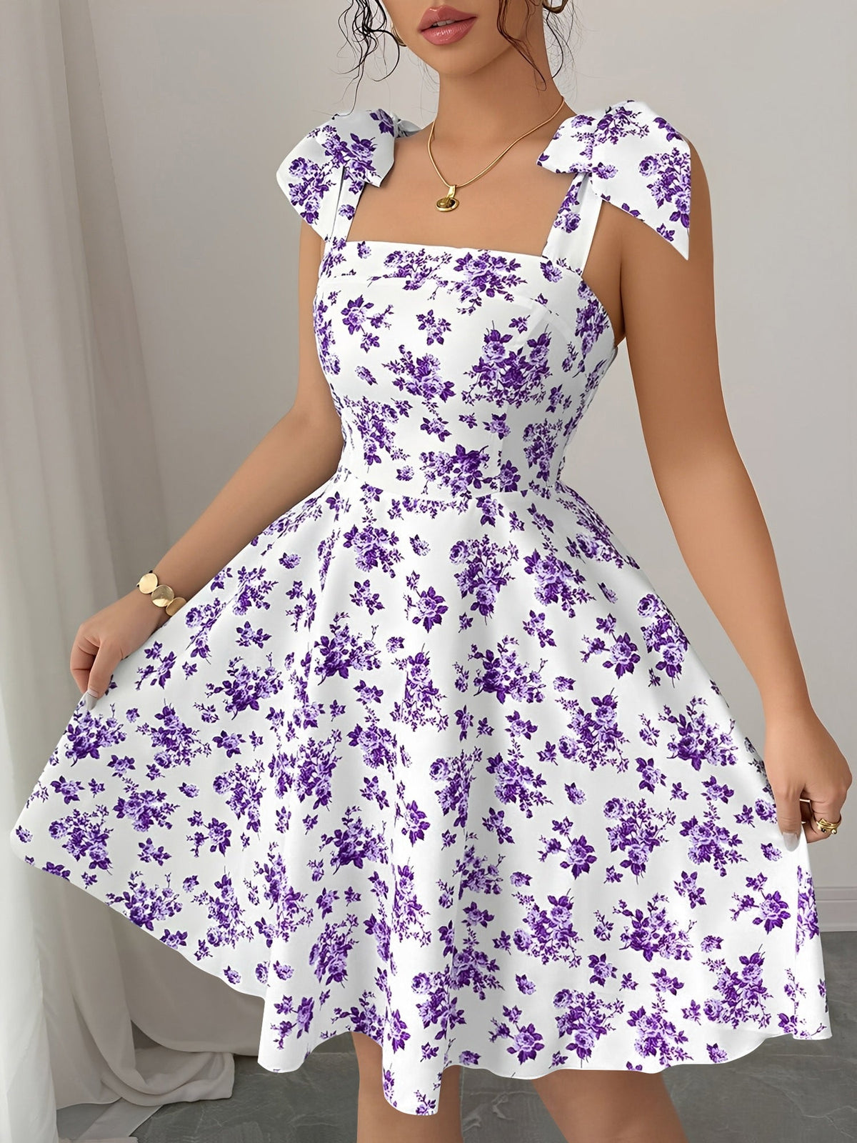 Floral Lace-Up Straps Backless Smocked A-Line Dress