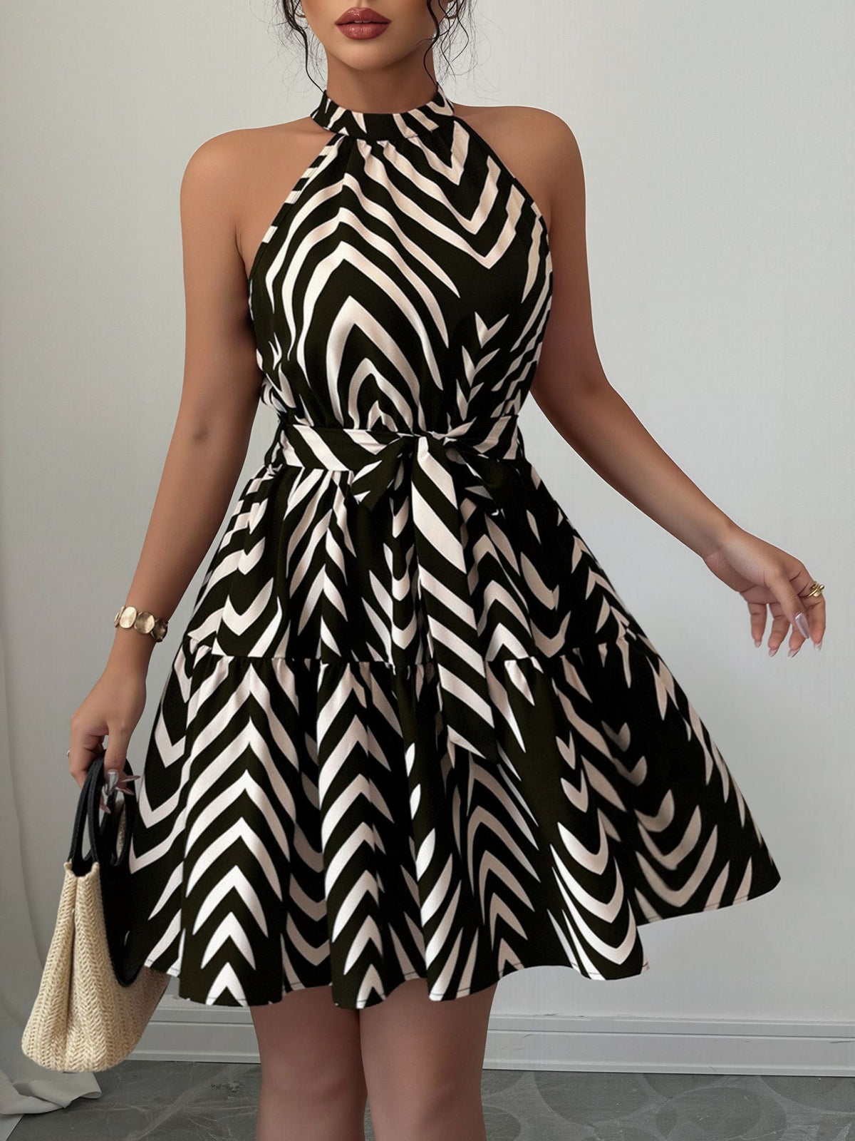 Graphic Halter Neck Sleeveless A-Line Mini Dress