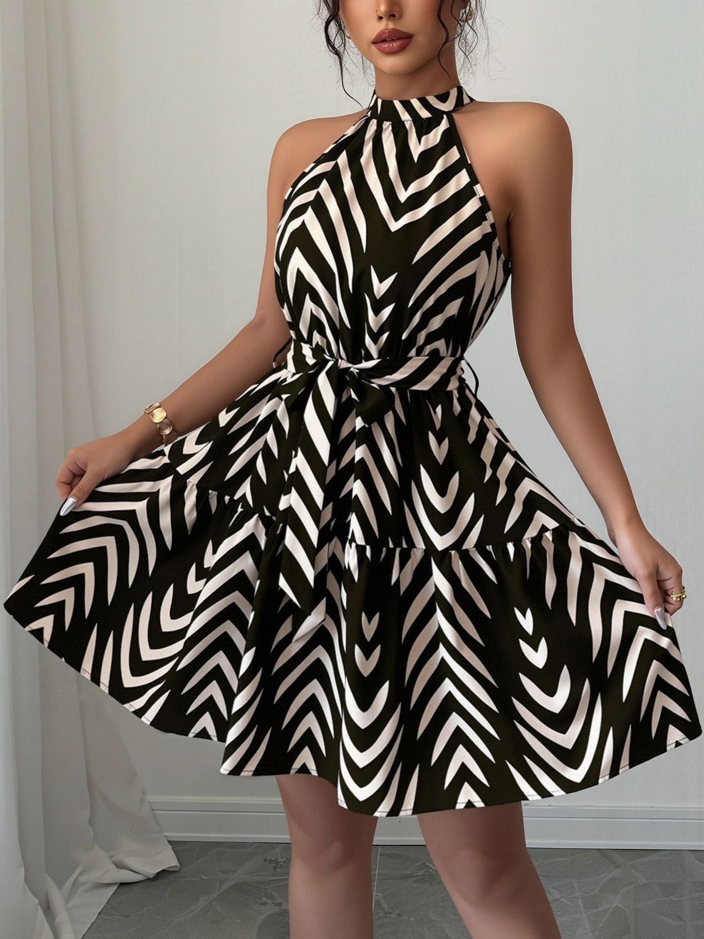 Graphic Halter Neck Sleeveless A-Line Mini Dress