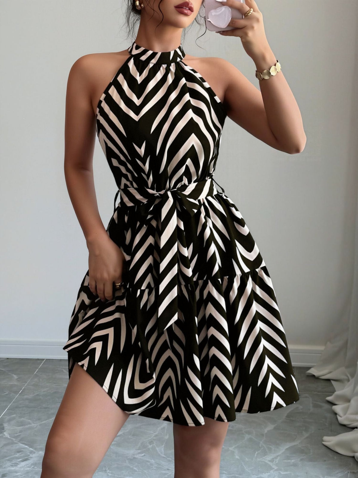Graphic Halter Neck Sleeveless A-Line Mini Dress