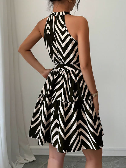 Graphic Halter Neck Sleeveless A-Line Mini Dress