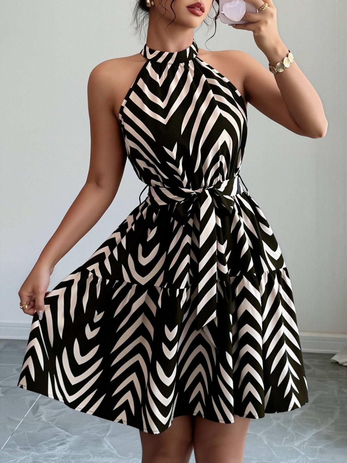 Graphic Halter Neck Sleeveless A-Line Mini Dress