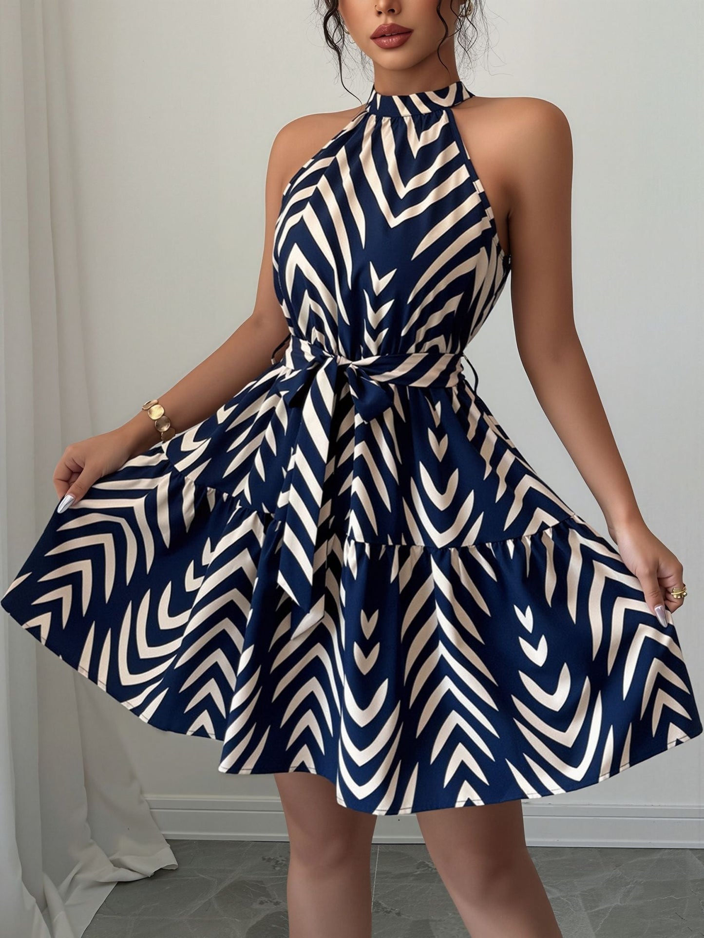 Graphic Halter Neck Sleeveless A-Line Mini Dress