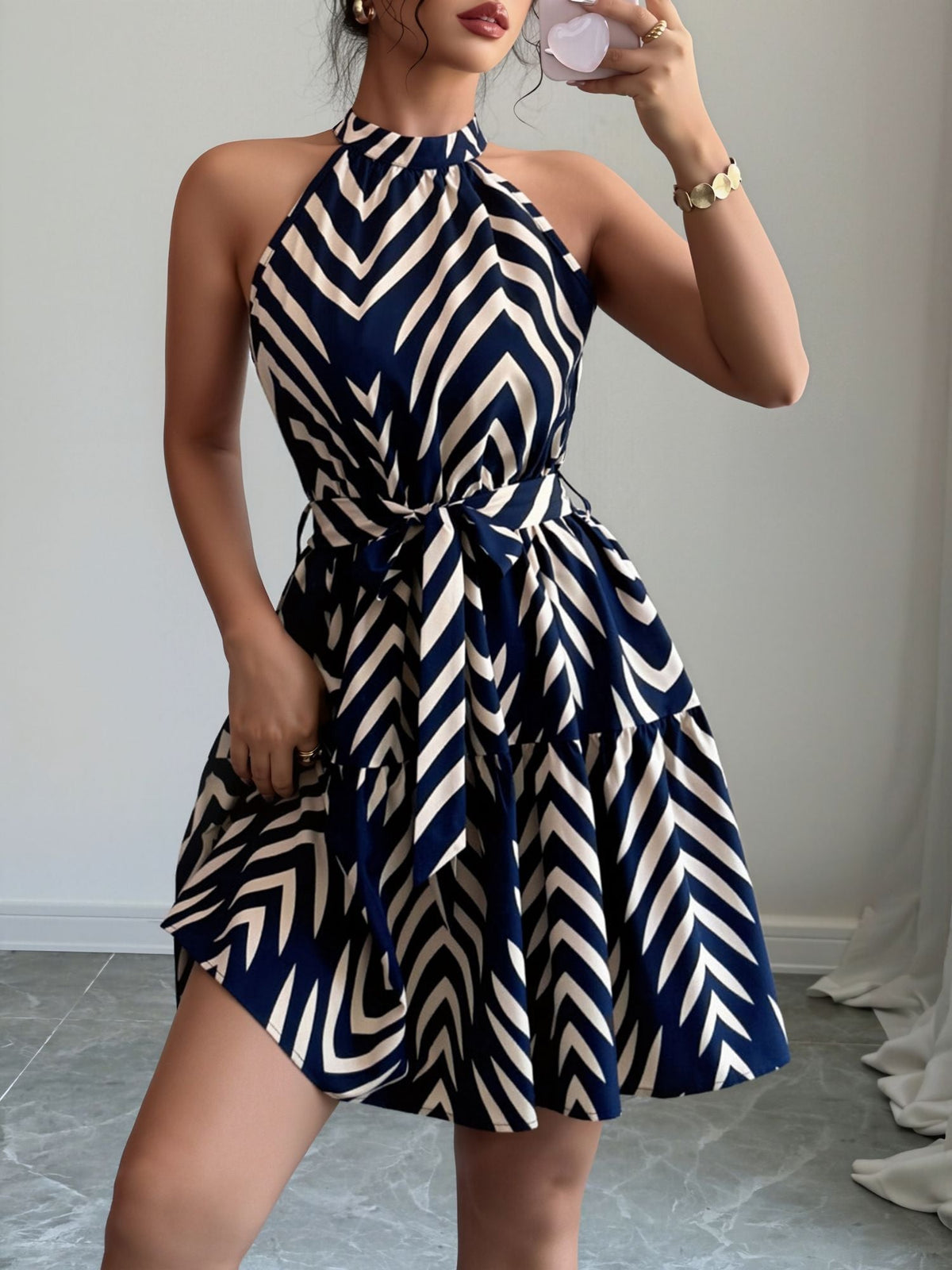 Graphic Halter Neck Sleeveless A-Line Mini Dress