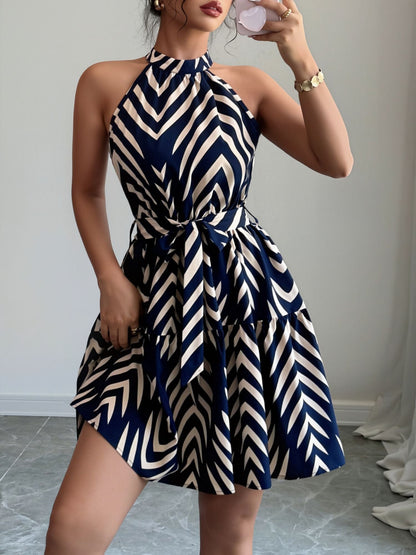 Graphic Halter Neck Sleeveless A-Line Mini Dress