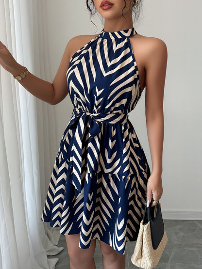 Graphic Halter Neck Sleeveless A-Line Mini Dress