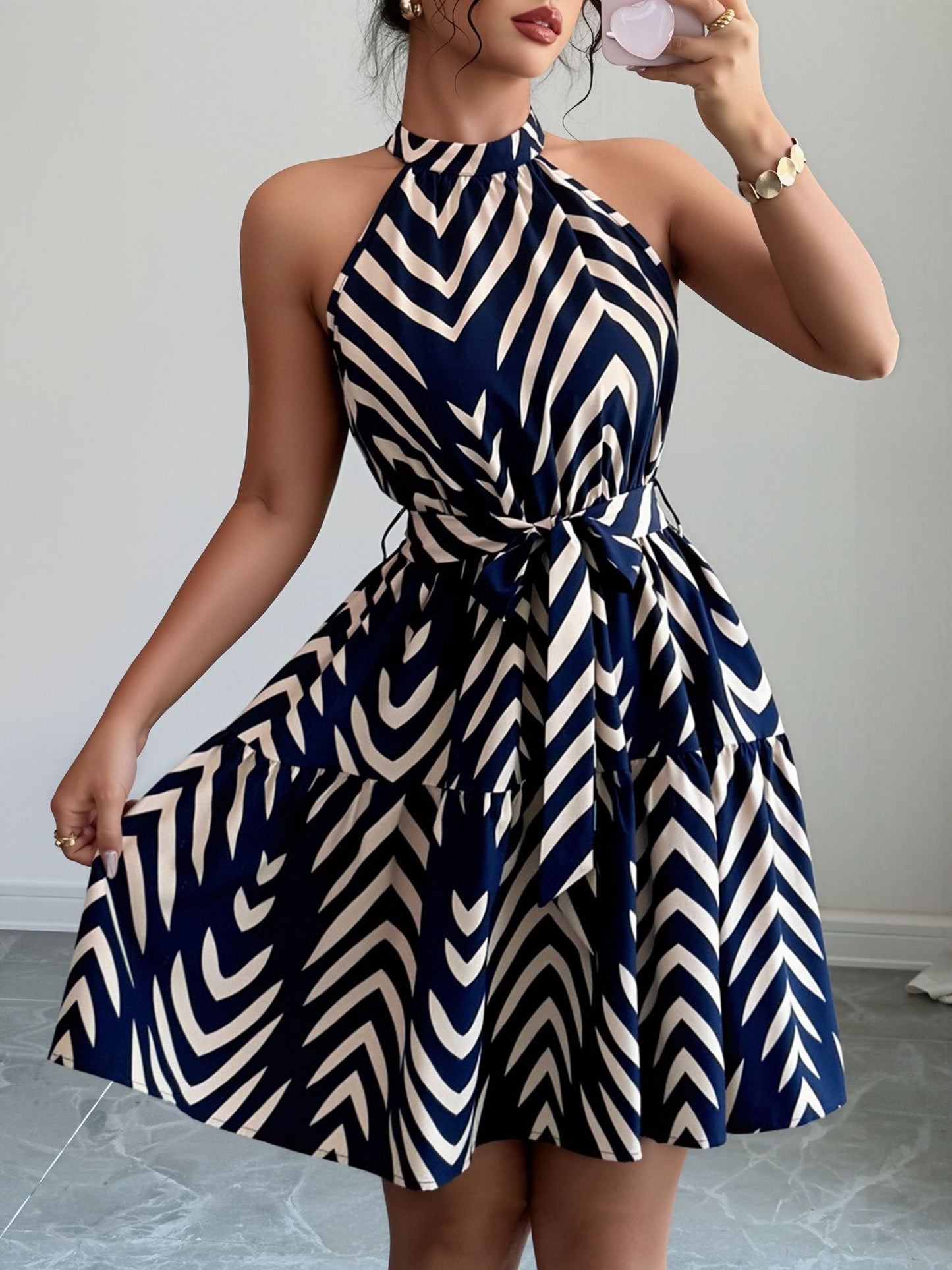 Graphic Halter Neck Sleeveless A-Line Mini Dress