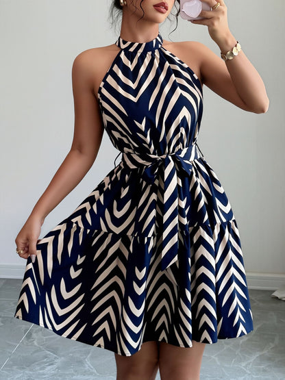 Graphic Halter Neck Sleeveless A-Line Mini Dress