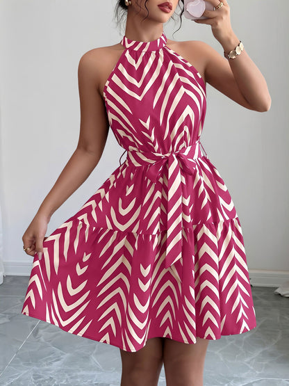 Graphic Halter Neck Sleeveless A-Line Mini Dress