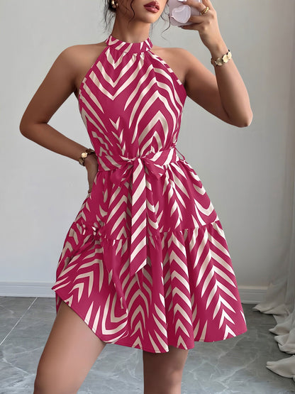 Graphic Halter Neck Sleeveless A-Line Mini Dress