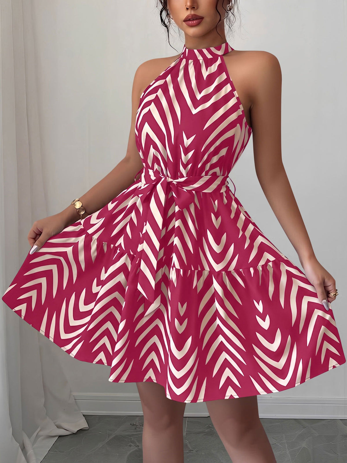 Graphic Halter Neck Sleeveless A-Line Mini Dress