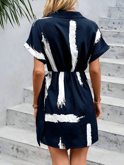 Short Sleeve Printed V-Neck Tie-Front Dress