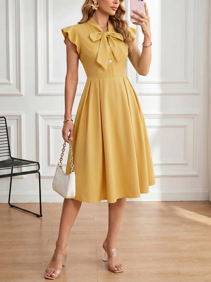 Retro Bow-Tie Ruffle Sleeve A-Line Midi Dress
