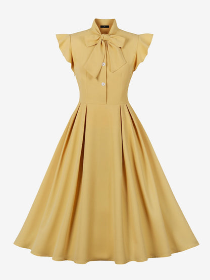 Retro Bow-Tie Ruffle Sleeve A-Line Midi Dress
