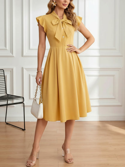 Retro Bow-Tie Ruffle Sleeve A-Line Midi Dress