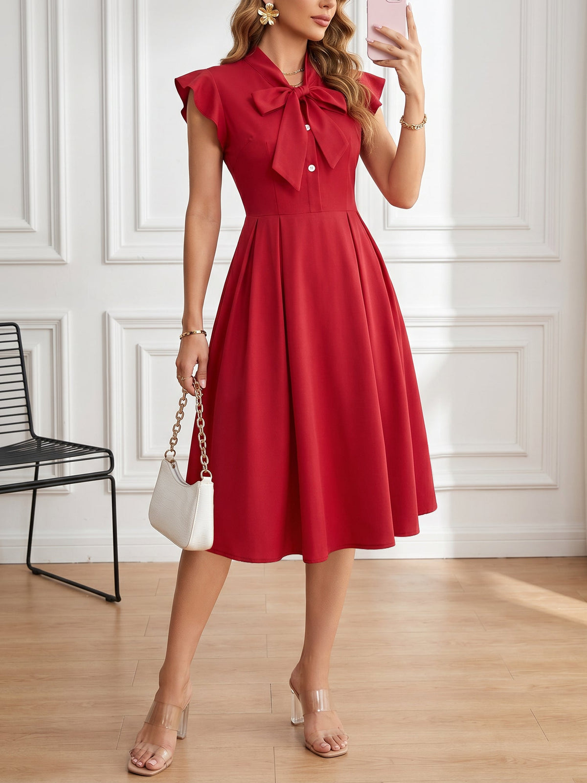Retro Bow-Tie Ruffle Sleeve A-Line Midi Dress