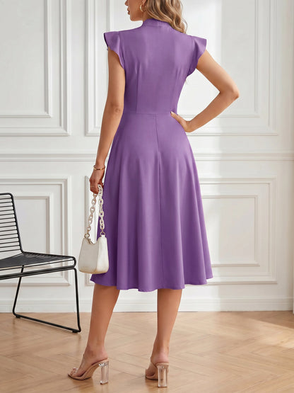 Retro Bow-Tie Ruffle Sleeve A-Line Midi Dress