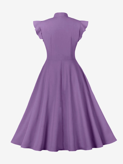 Retro Bow-Tie Ruffle Sleeve A-Line Midi Dress
