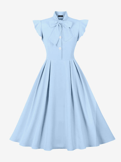 Retro Bow-Tie Ruffle Sleeve A-Line Midi Dress