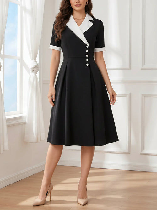 Colorblocked Notched Lapel Short Sleeves A-Line Midi Dress