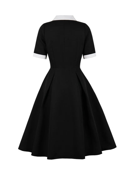Colorblocked Notched Lapel Short Sleeves A-Line Midi Dress