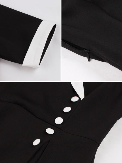 Colorblocked Notched Lapel Short Sleeves A-Line Midi Dress