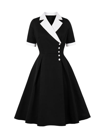 Colorblocked Notched Lapel Short Sleeves A-Line Midi Dress