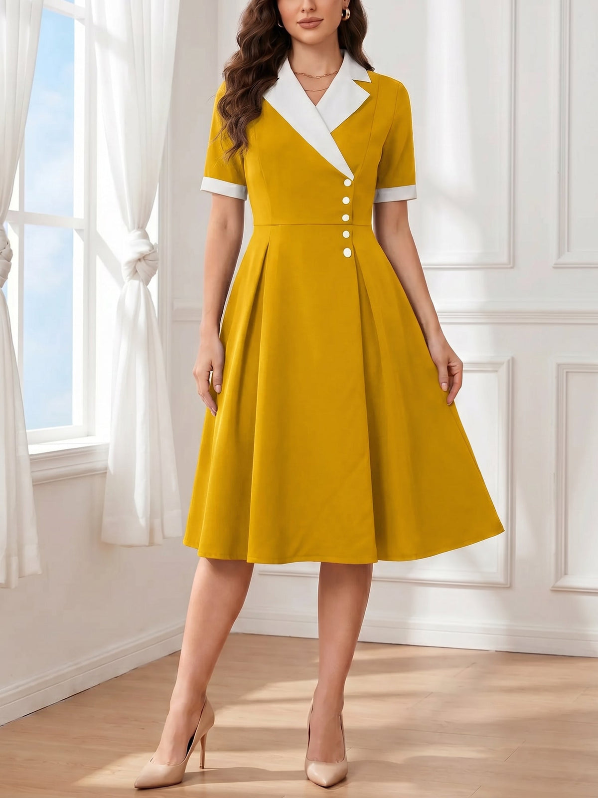 Colorblocked Notched Lapel Short Sleeves A-Line Midi Dress