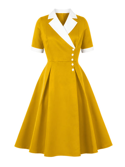 Colorblocked Notched Lapel Short Sleeves A-Line Midi Dress