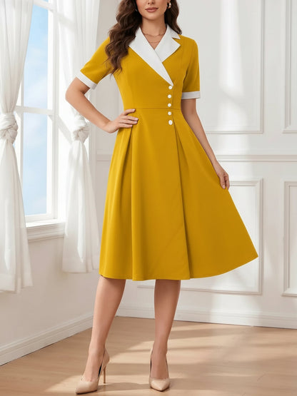 Colorblocked Notched Lapel Short Sleeves A-Line Midi Dress
