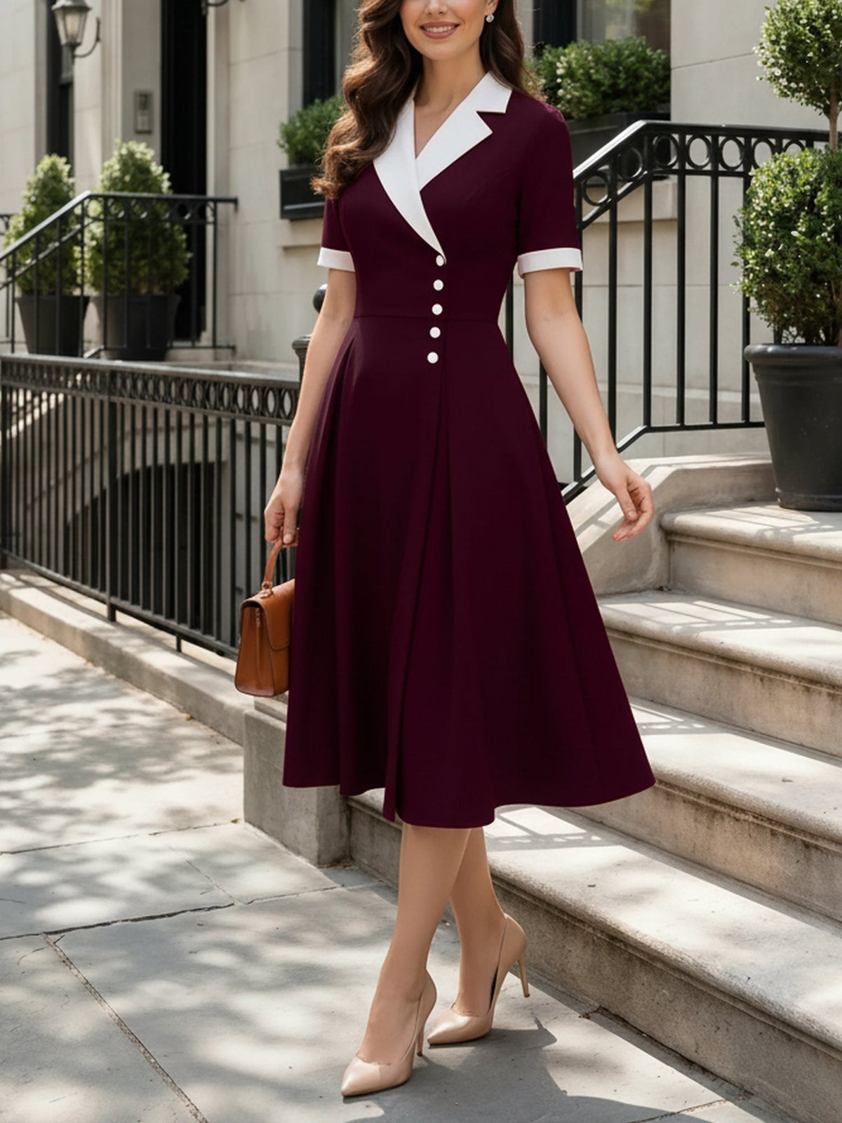 Colorblocked Notched Lapel Short Sleeves A-Line Midi Dress