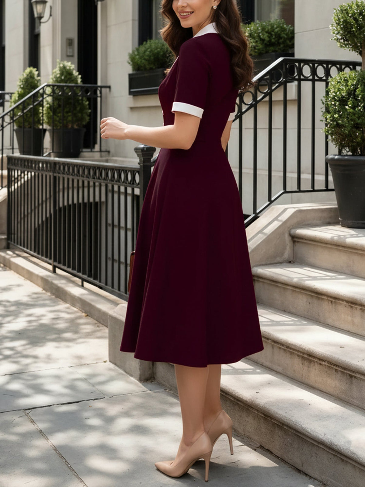 Colorblocked Notched Lapel Short Sleeves A-Line Midi Dress