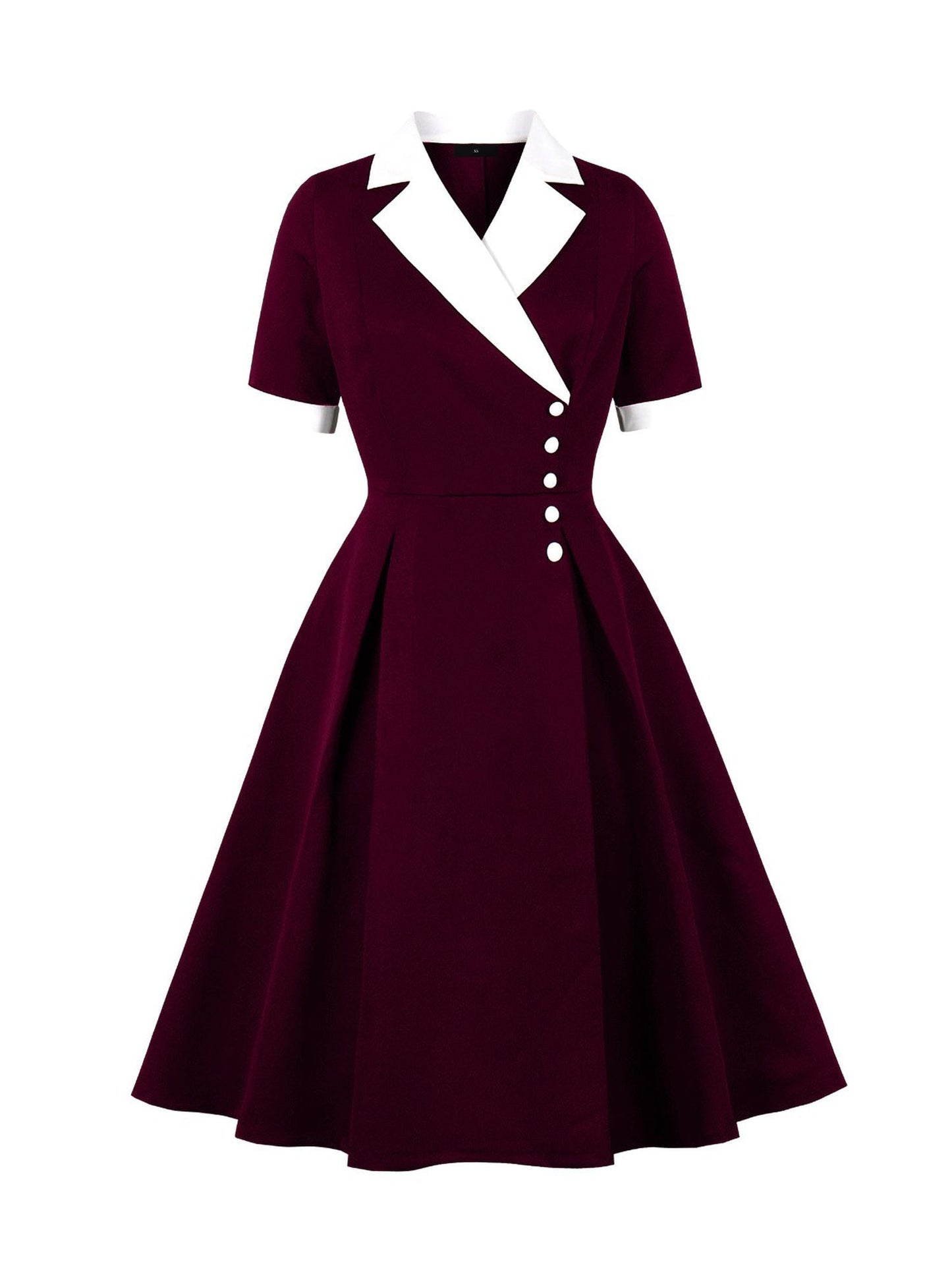 Colorblocked Notched Lapel Short Sleeves A-Line Midi Dress