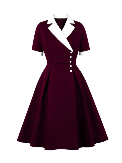 Colorblocked Notched Lapel Short Sleeves A-Line Midi Dress