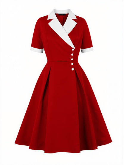 Colorblocked Notched Lapel Short Sleeves A-Line Midi Dress