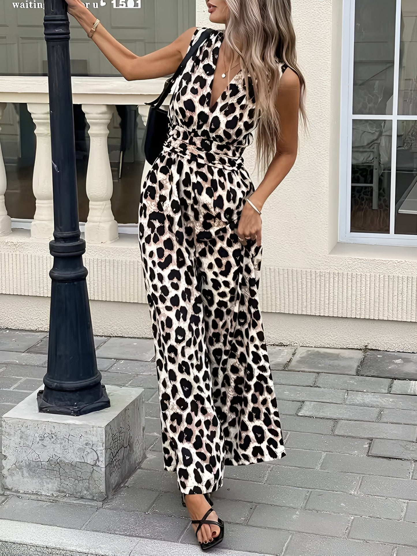 Leopard Print Sleeveless V Neck Wide Legs Jumpsuit