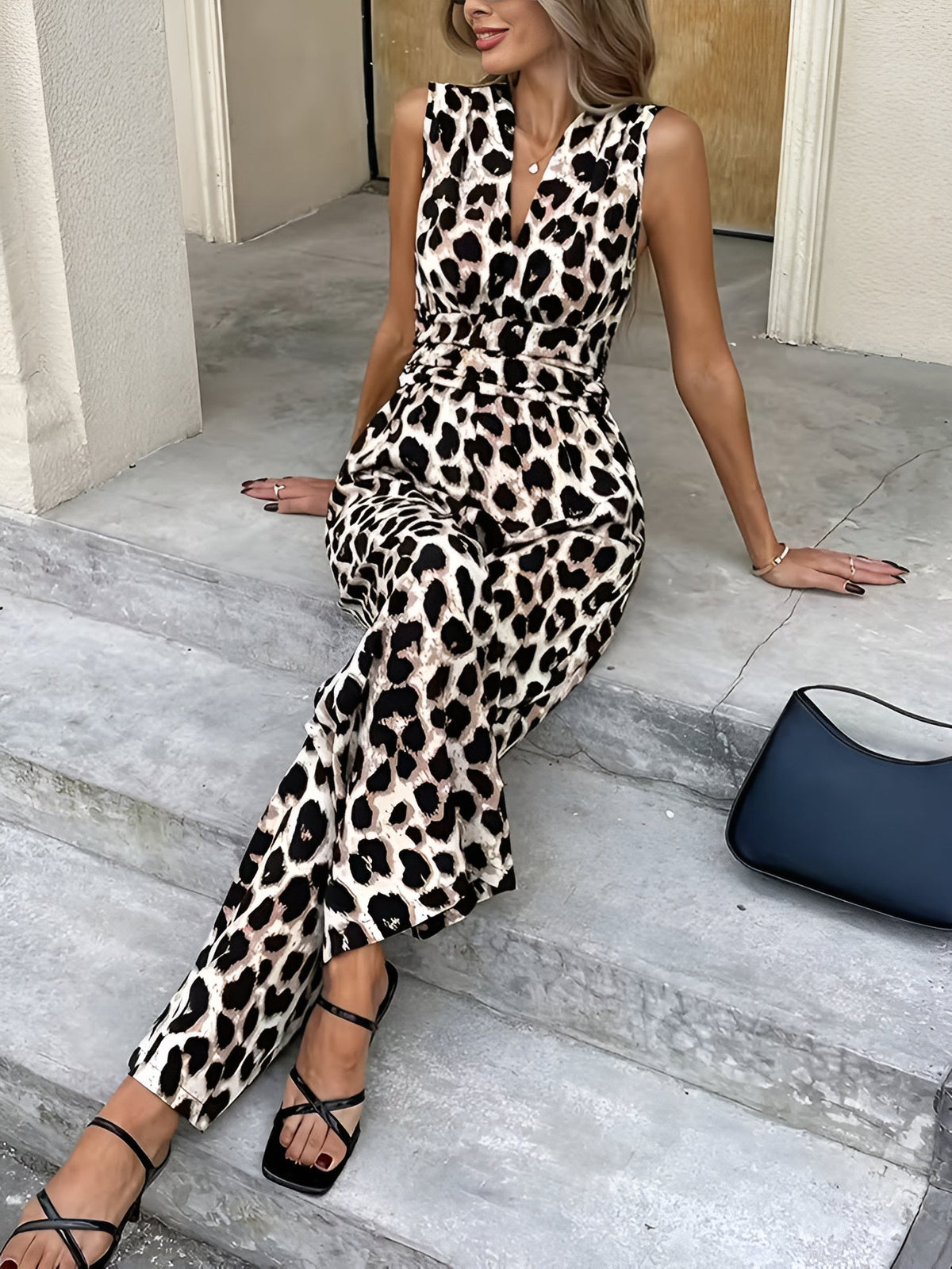 Leopard Print Sleeveless V Neck Wide Legs Jumpsuit