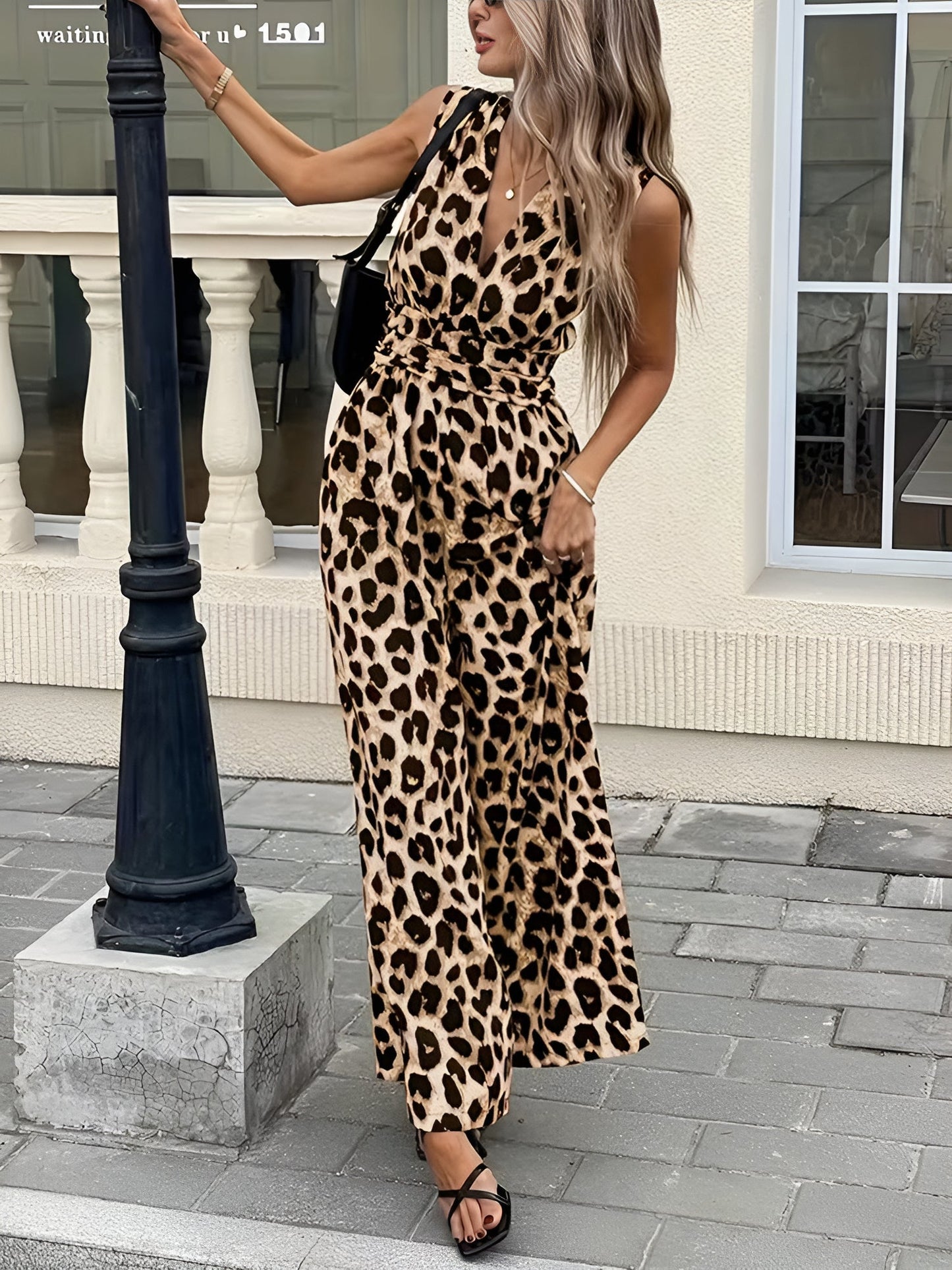 Leopard Print Sleeveless V Neck Wide Legs Jumpsuit