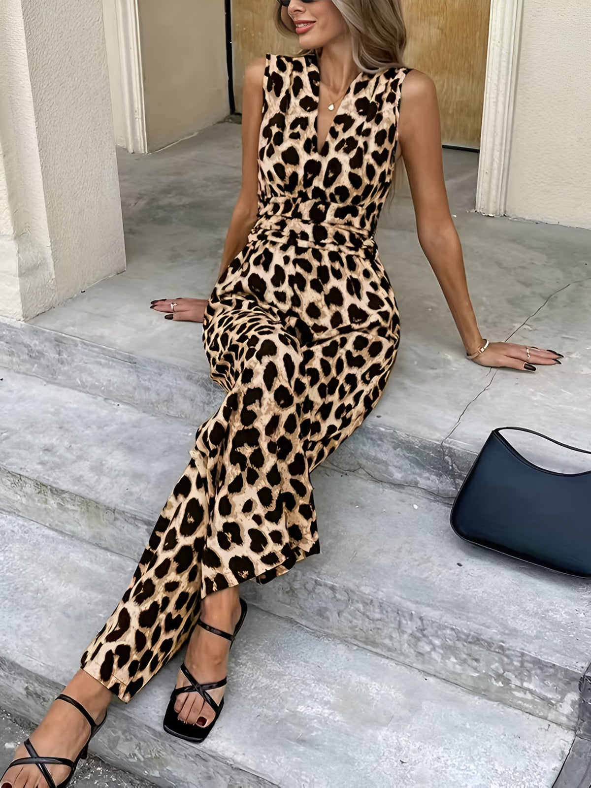 Leopard Print Sleeveless V Neck Wide Legs Jumpsuit