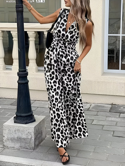 Leopard Print Sleeveless V Neck Wide Legs Jumpsuit