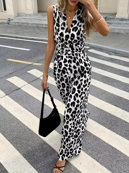 Leopard Print Sleeveless V Neck Wide Legs Jumpsuit