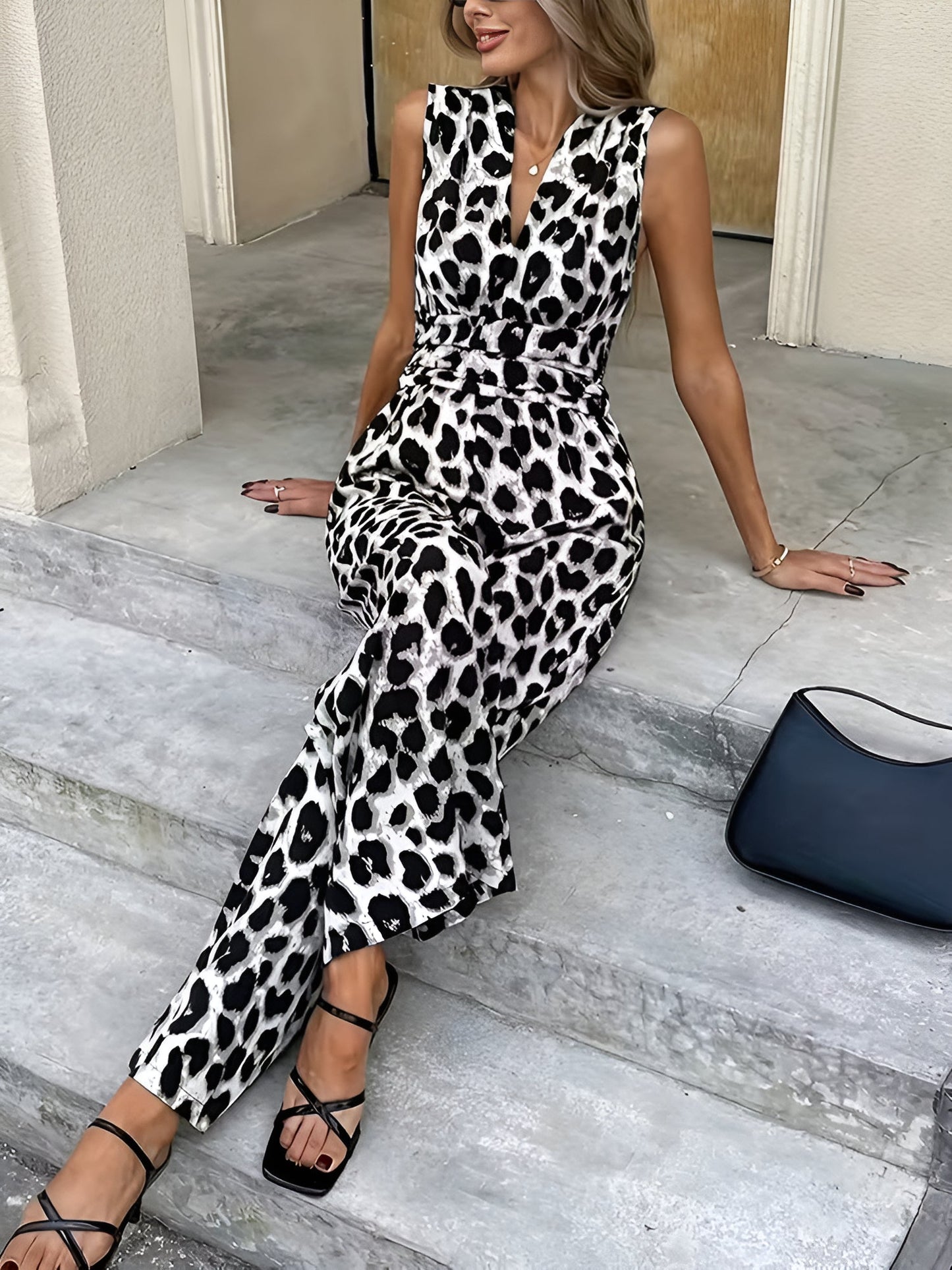 Leopard Print Sleeveless V Neck Wide Legs Jumpsuit
