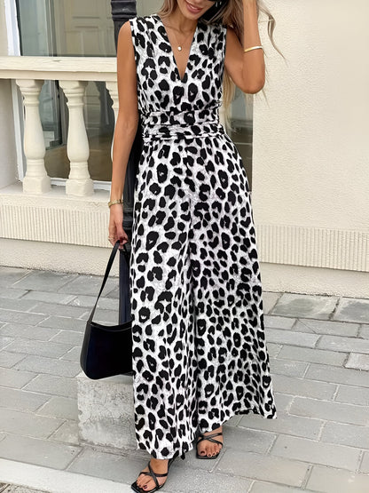 Leopard Print Sleeveless V Neck Wide Legs Jumpsuit