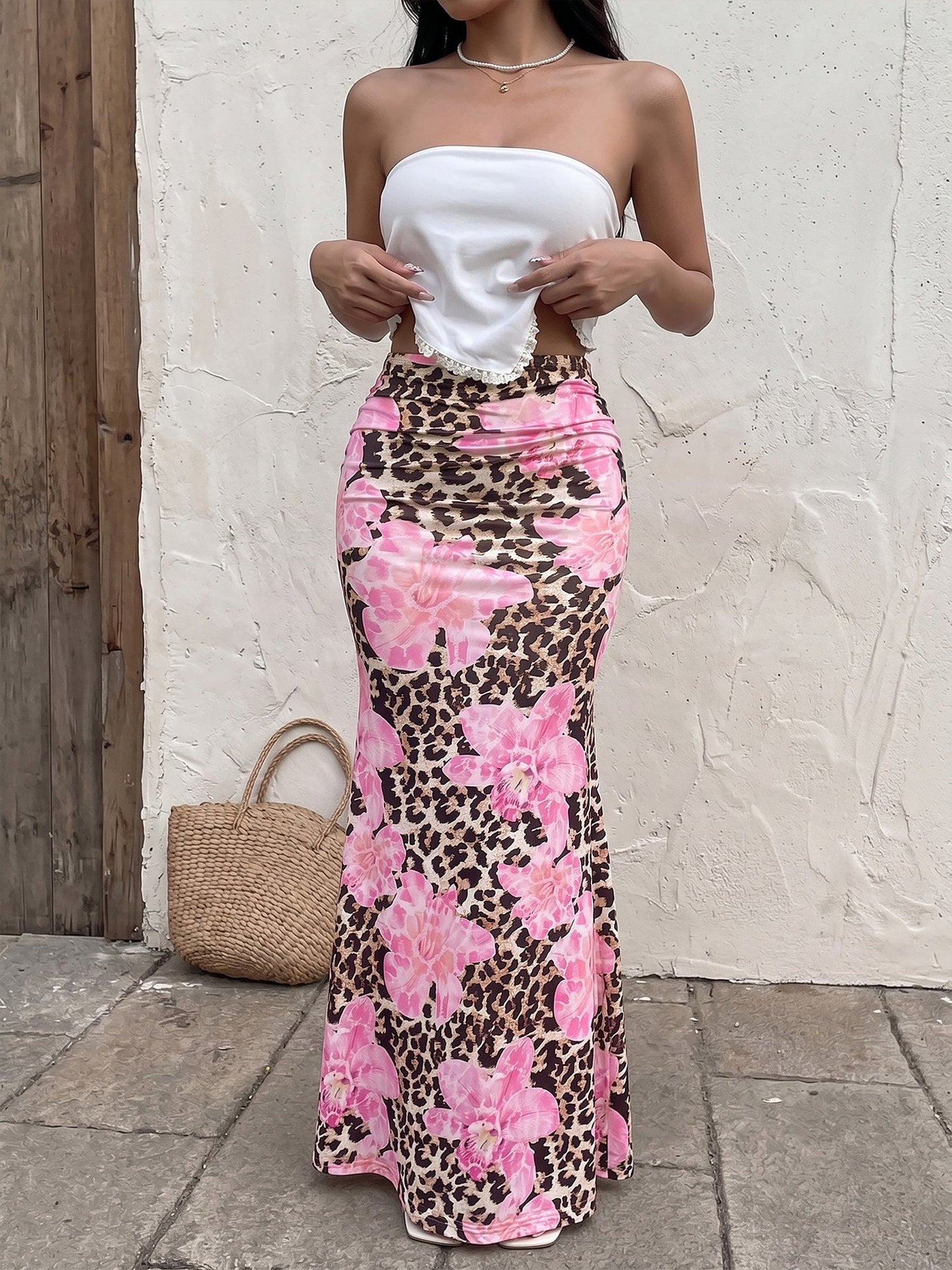 Floral Leopard Bodycon Fishtail Maxi Skirt