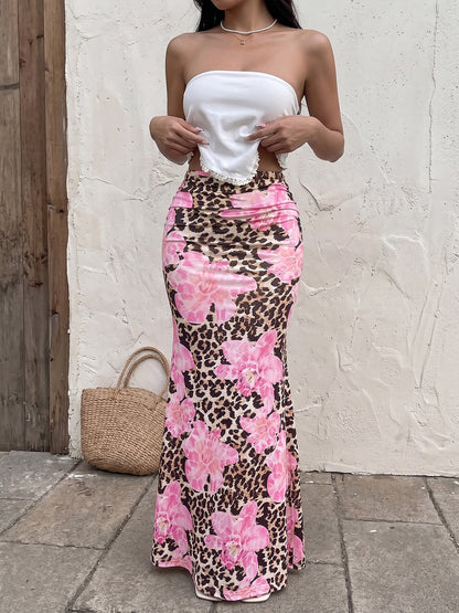 Floral Leopard Bodycon Fishtail Maxi Skirt