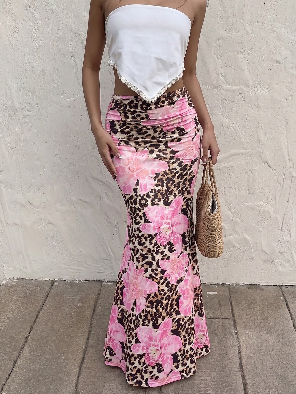 Floral Leopard Bodycon Fishtail Maxi Skirt