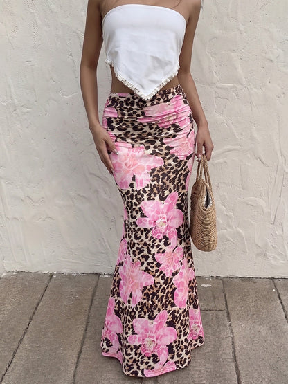 Floral Leopard Bodycon Fishtail Maxi Skirt