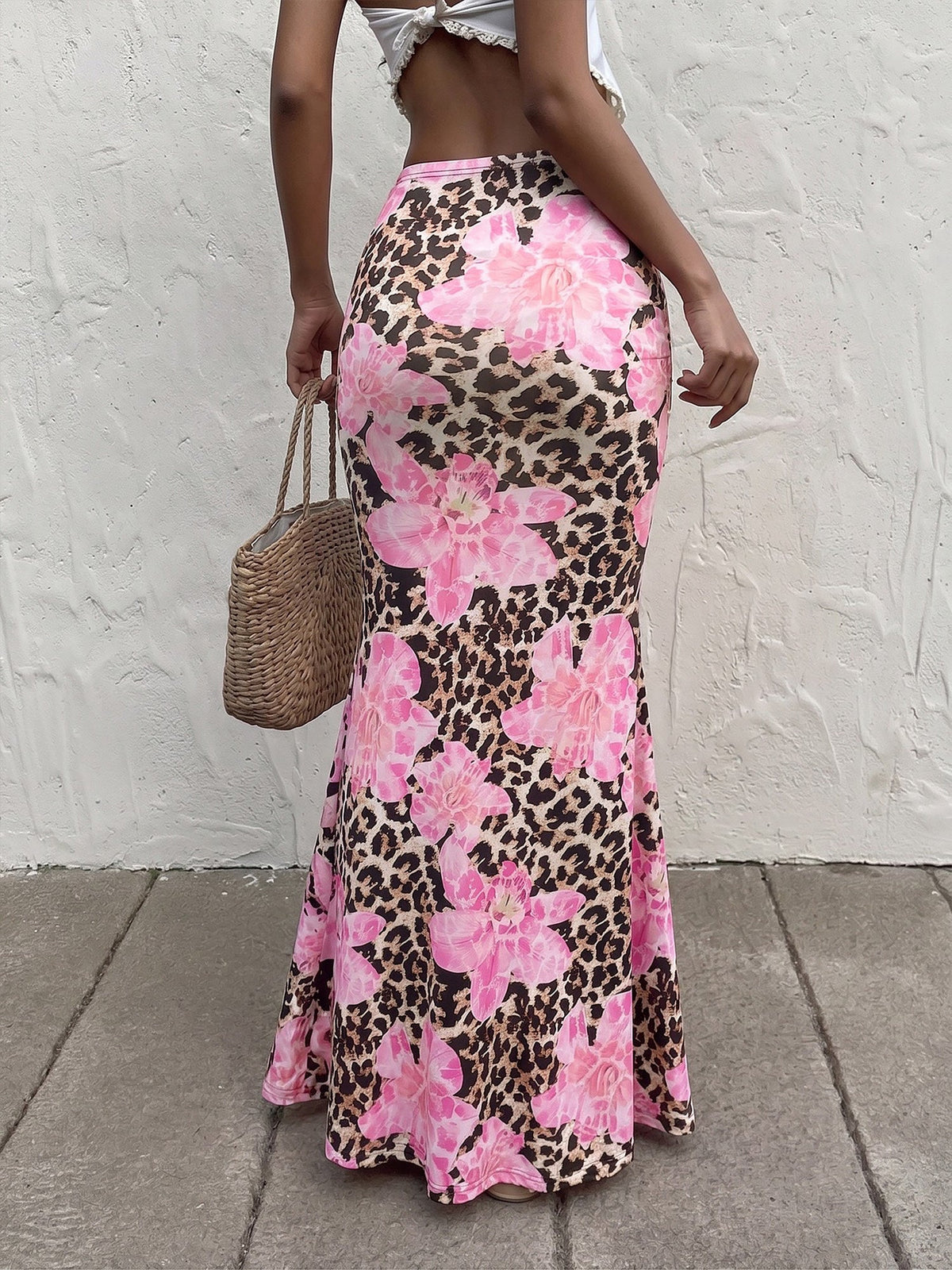 Floral Leopard Bodycon Fishtail Maxi Skirt