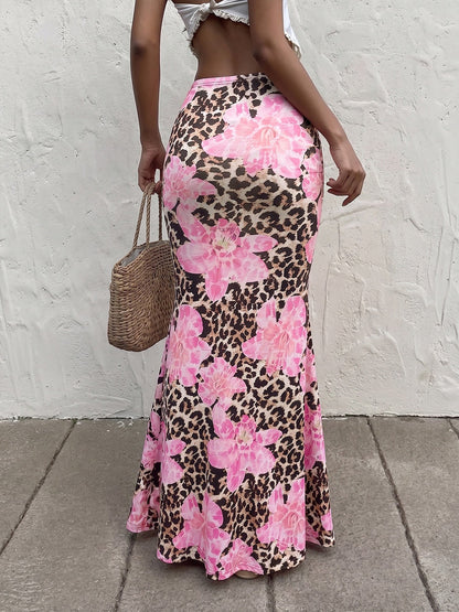 Floral Leopard Bodycon Fishtail Maxi Skirt